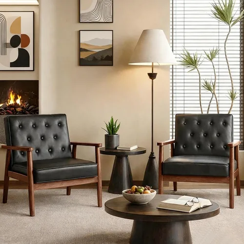 Vista 3 de STHOUYN Sillas decorativas de cuero negro, sillas de sala de espera con brazos de madera, silla con brazo para invitados de oficina, silla moderna