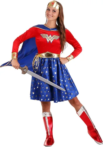 Vista 2 de Disfraz de la Mujer Maravilla, vestido de superhéroe de manga larga rojo, blanco y azul para Halloween