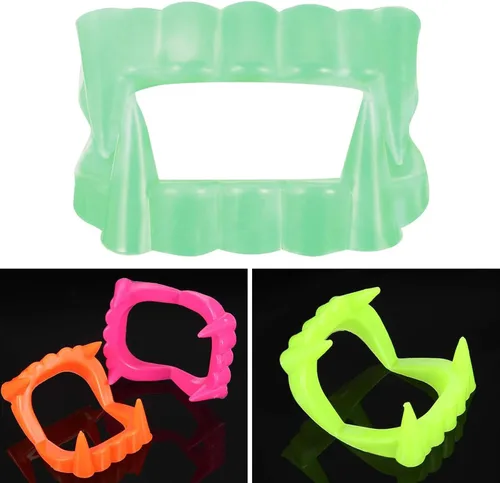 Vista 5 de Boao 60 piezas de dientes de vampiro de Halloween a granel, colmillos de vampiro de plástico, dientes falsos de color brillante, accesorios