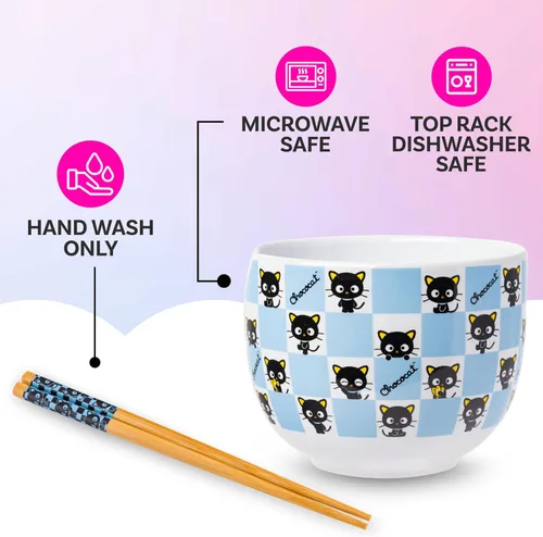 Vista 4 de Silver Buffalo Hello Kitty y sus amigos Chococat - Tazón de cerámica para ramen y arroz con palillos, patrón a cuadros, apto para microondas, 20