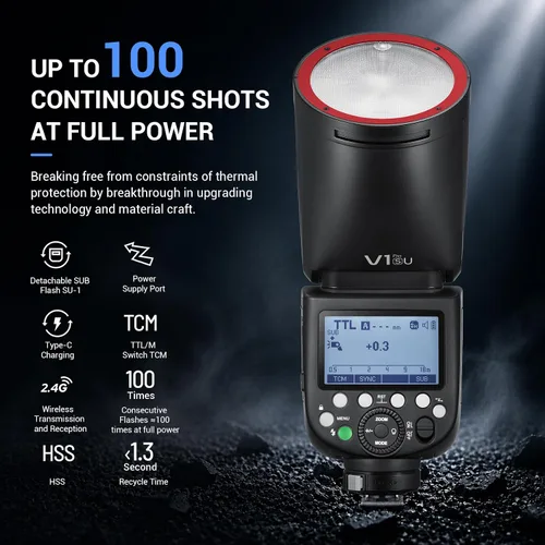 Vista 2 de Godox V1Pro-S TTL Flash para Sony, 76Ws cabeza redonda Speedlite, 1/8000s