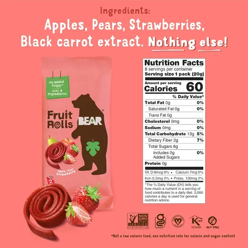 Vista 2 de BEAR Rollos de fruta real, paquete variado, 16 unidades (2 rollos por paquete)