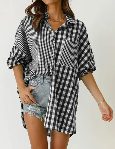 Vista 2 de ZESICA Women's Casual Plaid Patchwork Long Sleeve Button Down Oversized Shirt Blouse Top