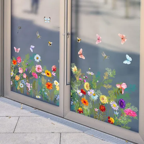 Vista 7 de REIFNA Película electrostática de ventana con estampado floral, ramo de mariposas, a prueba de aceite, impermeable, decoración de pared, se adhiere