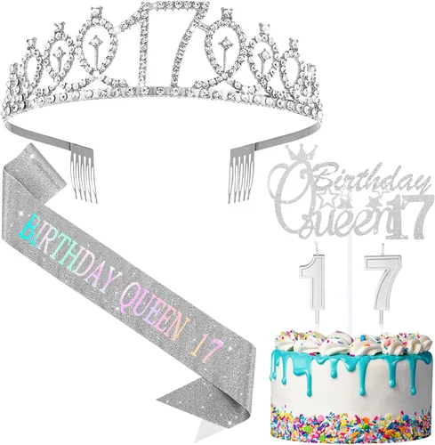 Vista 9 de Crowye Decoraciones de cumpleaños número 17, corona de tiara de 17 años, banda, decoración para tartas, velas, suministros para fiestas, regalos Azul