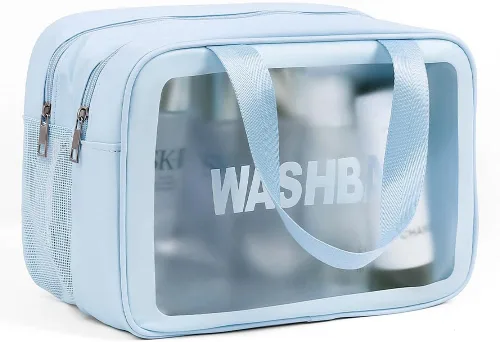 Vista 8 de Bolsa de lavado para mujeres y hombres, bolsa de aseo de viaje de gran capacidad con ventana translúcida mate y bolsillos húmedos/secos, organizador