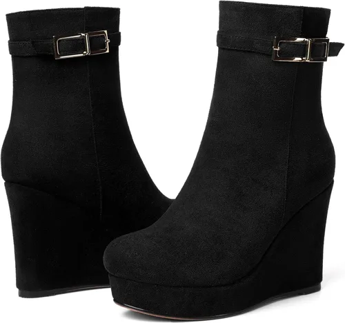 Vista 6 de MERRORI Bukle - Botas altas de tacón alto para mujer, puntera redonda, plataforma de gamuza sólida, de 4 pulgadas