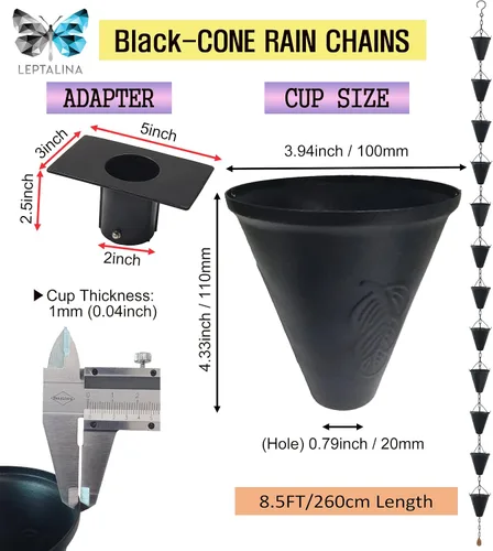 Vista 13 de Cadena de lluvia de hierro cono de 8.5 pies para canaletas y barril de lluvia+adaptador, negro