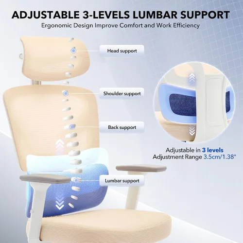 Vista 3 de Silla de oficina ergonómica - Silla de escritorio de malla para el hogar con soporte lumbar ajustable, silla de juegos de computadora con respaldo