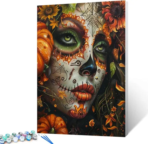 Vista 17 de Pintura por números retrato de niña con sombrero de mago Tucocoo, pintura DIY en lienzo con pinceles, pinturas acrílicas, calabaza de Halloween