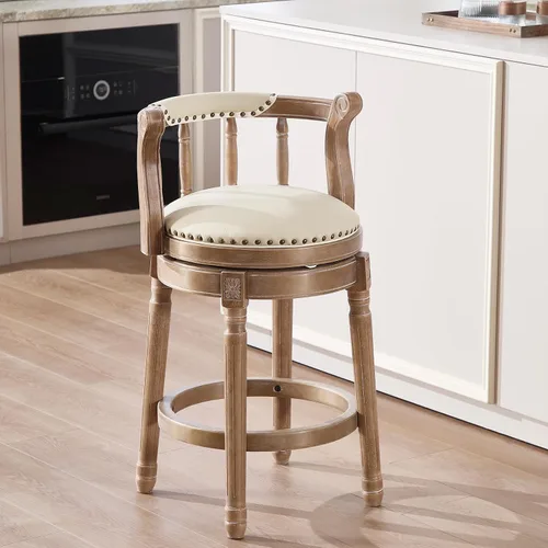 Vista 7 de RAINMOOD Taburetes de bar giratorios de cuero genuino beige mostrador de barra de madera con reposapiés para cocina, comedor, sala de estar