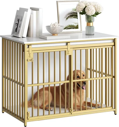 Vista 11 de HOOBRO Mueble de jaula para perros, perrera resistente de 36.6" con puerta de granero deslizante, jaula de madera para perros para interiores, mesa