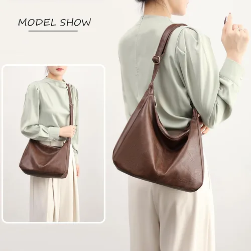 Vista 2 de NIUEIMEE ZHOU Bolsos Hobo para mujer Bolso de hombro de cuero vegano plegable Bolso de mano holgado Bolso bandolera