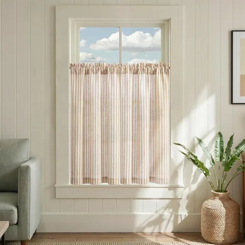 Vista 40 de Jinchan - Cortinas de lino a rayas para cocina, 24 pulgadas, beige, 2