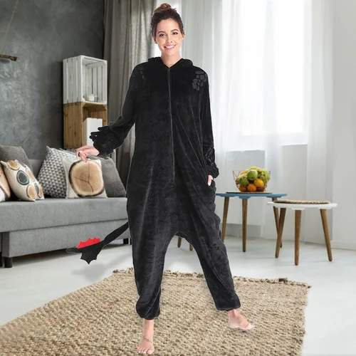Vista 6 de Pijama sin dientes, disfraz de franela de tren de dragón de Navidad, disfraz de invierno de felpa, pijamas para cosplay, para familia, mujeres