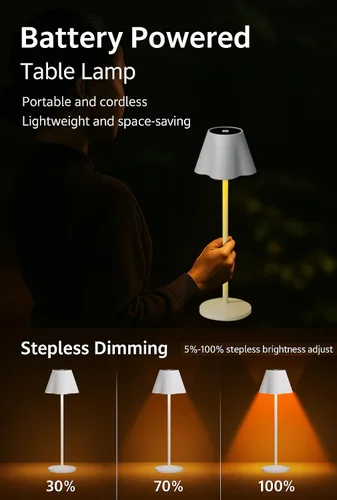 Vista 3 de La Luz - Lámparas de mesa inalámbricas de aluminio de 13 pulgadas, 5200 mAh, funciona con pilas, puerto USB-C regulable de 3 vías recargable, 3.5 W