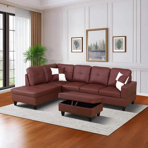 Vista 7 de Sofá en forma de L, sofás seccionales de piel sintética para sala de estar, moderno juego de muebles de sala de estar, sofá en 3 piezas