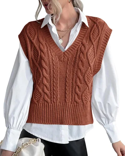 Vista 15 de Chaleco de suéter para mujer Lueluye V cuello sin mangas de punto sólido casual acanalado estilo preppy Beige