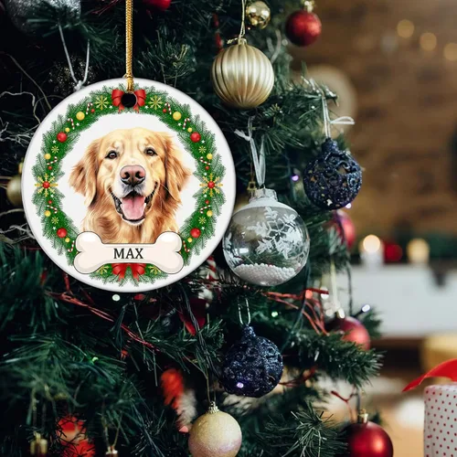 Vista 4 de Impreso en EE. UU. Adornos de Navidad personalizados con foto de perro, adorno de árbol de Navidad con nombre y foto de cachorro personalizados