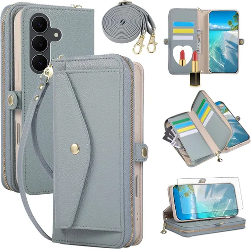 Vista 73 de Asuwish Funda de teléfono para Samsung Galaxy S23 5G con cremallera, funda para celular con protector de pantalla, correa para el hombro, espejo