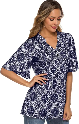 Vista 4 de HOCOSIT - Camiseta de manga corta con olanes y cuello en V con estampado de flores, plisada y abotonada, para mujer