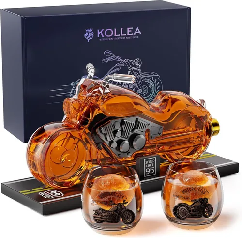 Vista 10 de Kollea Regalos de cumpleaños para hombres, papá, juego de decantador de whisky de motocicleta con 2 vasos, dispensador de licor para bar en casa