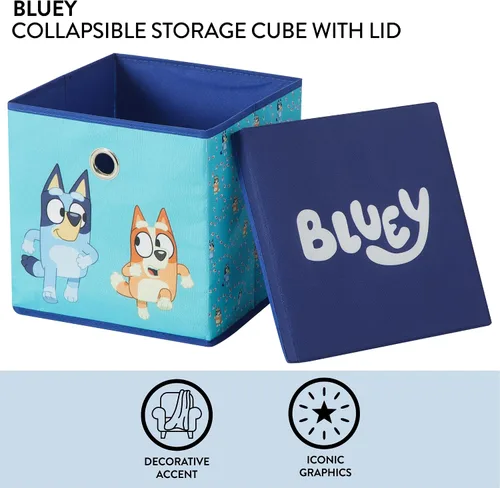 Vista 2 de Idea Nuova Bluey Cubo de almacenamiento de tela plegable, contenedor organizador de 10 pulgadas con tapa para dormitorio, sala de juegos y armario