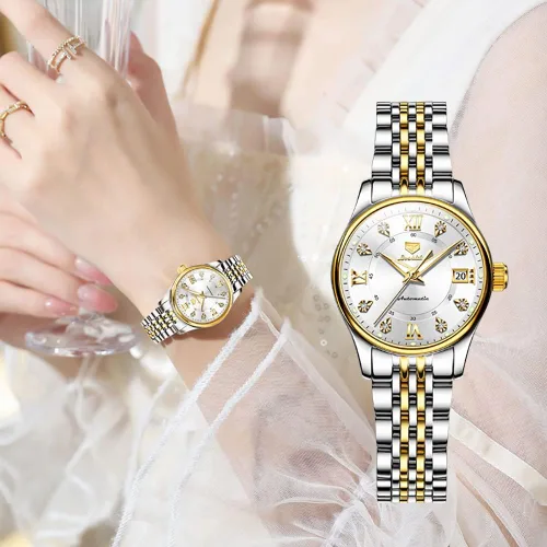 Vista 4 de OLEVS Relojes automáticos para mujer, mecánicos, cuerda automática, vestido de lujo, esfera de diamante, correa de acero inoxidable, impermeable