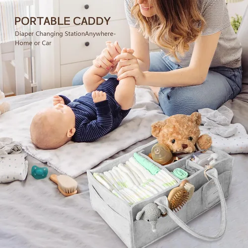 Vista 8 de GEMII Organizador de pañales – Organizador grande para bebés con asa para artículos esenciales para recién nacidos, niños o niñas (gris, grande)