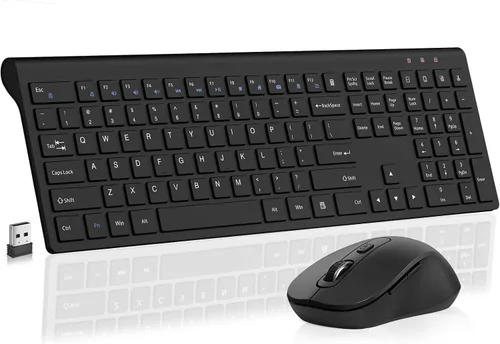 Vista 10 de Teclado y mouse silenciosos, teclado de computadora compacto inalámbrico de tamaño completo con botón de calculadora, mouse de 2400 DPI, clic