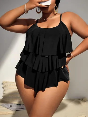 Vista 4 de WDIRARA Traje de baño de una pieza con dobladillo con volantes en capas para mujer, talla grande