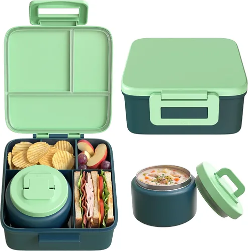 Vista 15 de MAISON HUIS Lonchera Bento con termo de sopa de 8 onzas y bolsa de almuerzo aislada, recipientes de comida a prueba de fugas para niños con 5