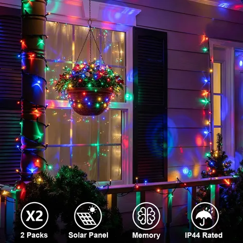 Vista 2 de QITONG Paquete de 2 luces solares de Navidad multicolor, cada cadena de 100 luces LED de 33 pies para exteriores, impermeable, 8 modos de cable