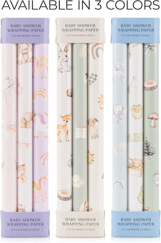 Vista 9 de ZICOTO Hermoso rollo de papel de regalo para baby shower, bonito juego de 3 rollos de calidad para cumpleaños de niños y baby showers, añade un