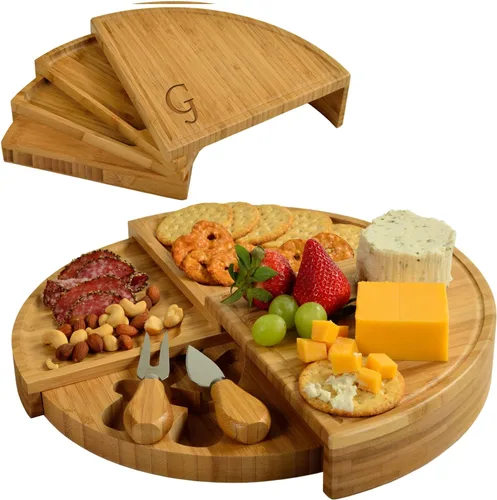 Vista 25 de Tabla Picnic at Ascot de bambú, para aperitivos, con herramientas para queso, espirales de una cuña compacta de 13 pulgadas de diámetro, patentado