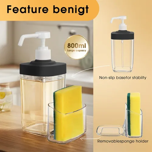 Vista 4 de Dispensador de Jabón de Cocina con Soporte para Esponja, Organizador de Jabón para Platos de Gran Capacidad de 800ml, Organizador de Fregadero a