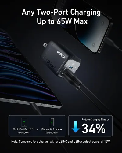 Vista 3 de Anker Prime 67W Cargador USB C, Cargador de pared GaN Anker, Cargador PPS compacto de 3 puertos y rápido, para MacBook Pro/Air, Pixelbook, iPad Pro