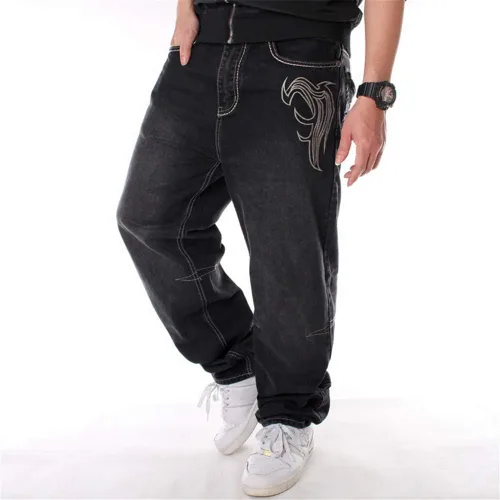 Vista 3 de LUOBANIU Pantalones de mezclilla holgados estilo hip hop vintage para hombre, pantalones de patineta de baile