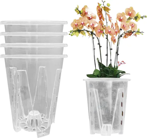 Vista 2 de Macetas para orquídeas, 5 unidades, transparentes con agujeros de drenaje, macetas de plástico para orquídeas, transpirables, ranuradas