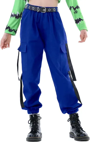 Vista 10 de Rolanko - Pantalones cargo para niñas, ropa callejera holgada, de hip hop, para bailar, de algodón, jogger para niños de 4 a 15 años Verde militar