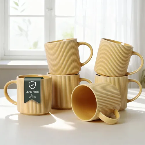 Vista 10 de MONITO - Juego de 4 tazas de café de 16 onzas, juego de tazas de café rústicas de cerámica con asa Vintage Striped Stoneware Large Coffee Mugs for