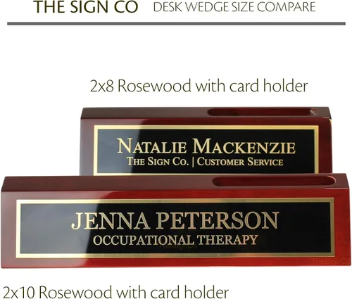 Vista 3 de Cuña de nombre personalizada para escritorio de negocios, placa de nombre de oficina para escritorio, palisandro con tarjetero, grabado gratuito