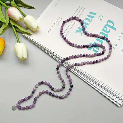 Vista 6 de Firstmeet Collar de piedra larga de ágata con cuentas de cadena redonda suave pulsera joyería para mujer Amatista