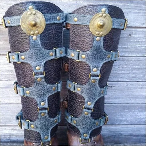 Vista 6 de NA - Armadura de piel sintética vintage para piernas, medieval, ajustable, vintage, hebilla de zapato, caballero vikingo, renacentista, funda