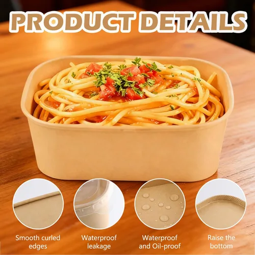 Vista 3 de Paquete de 50 cuencos de papel kraft desechables de 25 onzas con tapas, recipientes rectangulares de papel para alimentos, recipientes