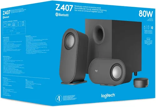 Vista 8 de Logitech Altavoces Bluetooth Z407 para computadora con subwoofer y control inalámbrico, sonido inmersivo, audio premium con múltiples entradas