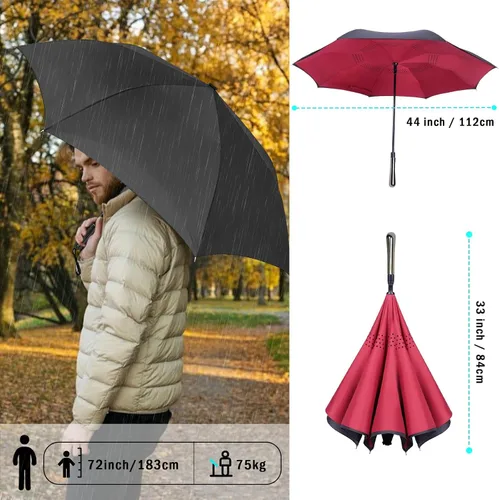 Vista 5 de LFLFWY Inverted Reverse Upside Down Umbrella - 49 inch AutoManual Open Large Double Canopy Design Windproof Stick Umbrellas rain Waterproof Golf