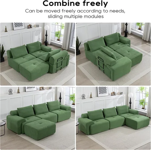 Vista 8 de L-Shaped Sectional Couches for Living Room with Memory Foam & Steel Frame - No Assembly Convertible Sofa Bed, Corduroy Fabric Compression Sofa Green