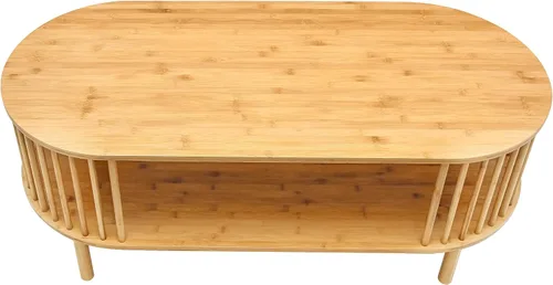 Vista 5 de VaeFae Mesa auxiliar ovalada, mesa de centro de bambú para sala de estar, mesa central de granja de 2 niveles con estante de almacenamiento