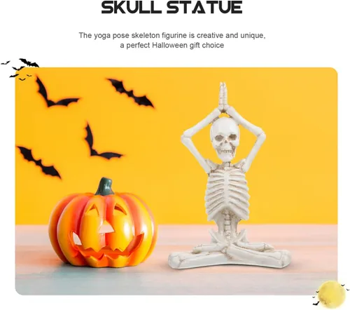 Vista 7 de LIFKOME Juego de aldea de Halloween, figura de esqueleto de yoga, estatua de esqueleto de yoga, meditación de Halloween, decoración de mesa de yoga